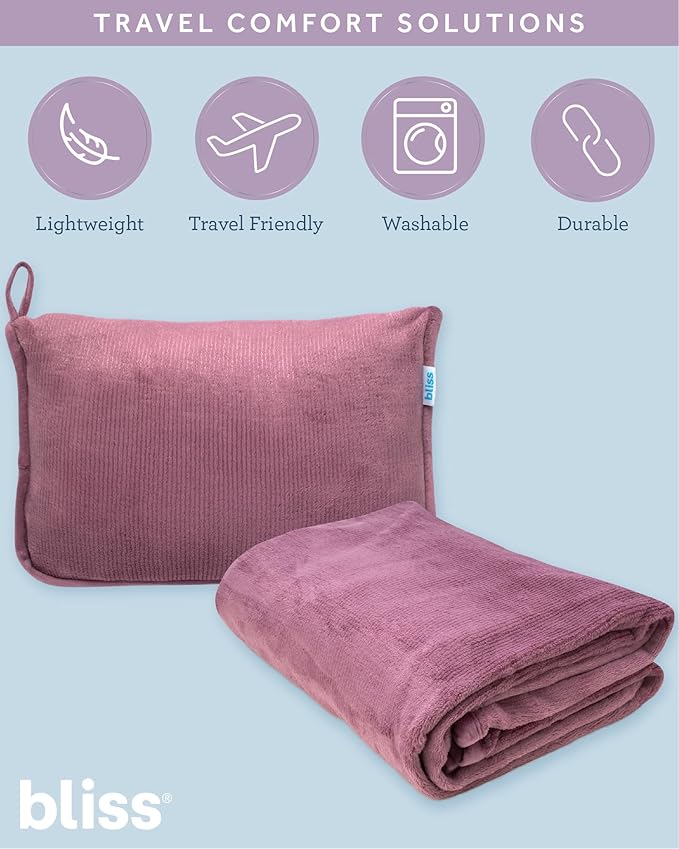 Bliss Faille Travel Pillow Blanket - 2-in-1 Lightweight Compact Airplane Camp Pillow and Blanket Set for Travelling, Size One Size, Mauve