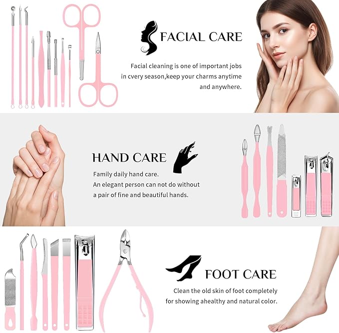 MINKINH 26-Piece Professional Manicure Set，Features Stainless Steel Tools, Carbon Steel Clippers & Travel Case for Women's Home and Travel Grooming(Pink)