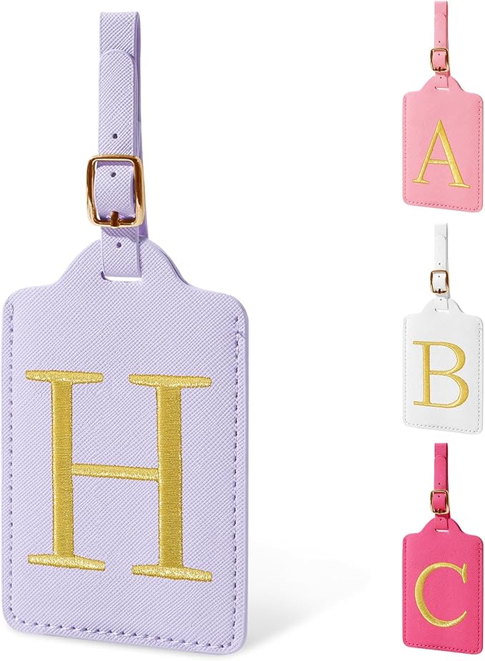 Personalized Initial Luggage Tags for Suitcase, Purple Leather Cute Luggage Tags with Privacy Cover Name Card, Embroidered Custom Monogrammed Luggage Tag Travel Backpack Tags Gifts for Women Kids(H)