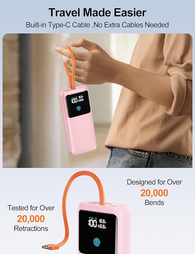 Laptop Power Bank, 24000mAh 65W Fast Charging Portable Charger with Built-in Cable, USB C Battery Pack with LED Display, Travel Essential External Battery Bank for Macbook/Notebook/Tablet/Phone Pink