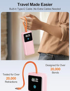 Laptop Power Bank, 24000mAh 65W Fast Charging Portable Charger with Built-in Cable, USB C Battery Pack with LED Display, Travel Essential External Battery Bank for Macbook/Notebook/Tablet/Phone Pink
