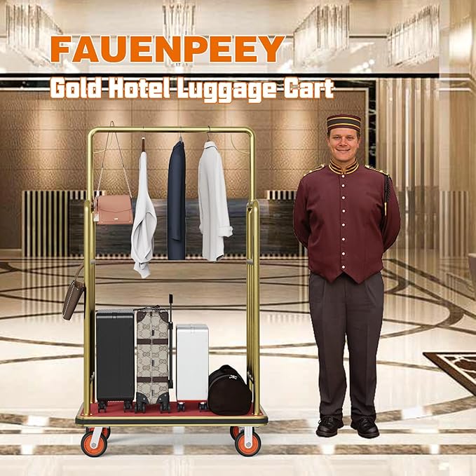 Gold Hotel Luggage Cart,42"x24" Bellman Cart with Baffle Guardrail and 6In Caster Weight Capacity Up to 850LBS Provide Convenience to Guest Gold Finished Hotel Cart Add Elegance to Hotel&Resort