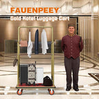 Gold Hotel Luggage Cart,42"x24" Bellman Cart with Baffle Guardrail and 6In Caster Weight Capacity Up to 850LBS Provide Convenience to Guest Gold Finished Hotel Cart Add Elegance to Hotel&Resort