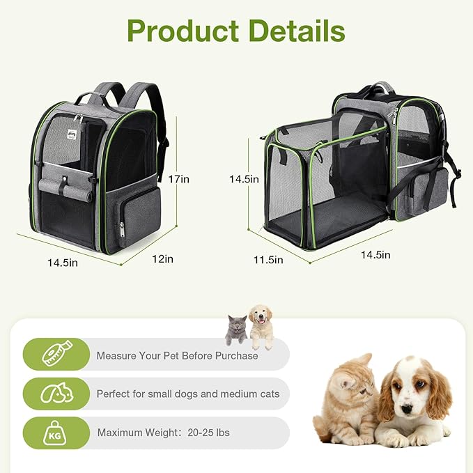 Large Cat Backpack Carrier Expandable Pet Carrier Backpack for Small Dogs Medium Cats Fit Up to 18 Lbs,Dogs Foldable Puppy Backpack Carrier for Travel, Hiking,Grey with Green Edge,L