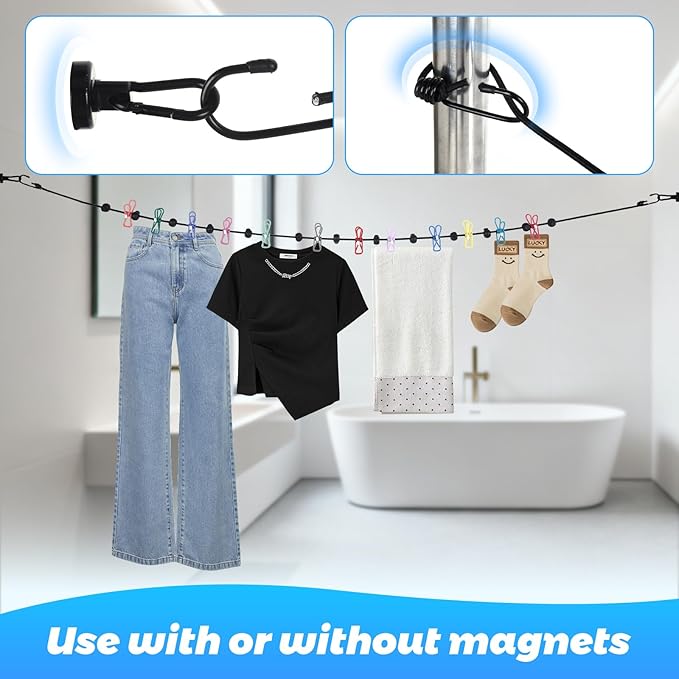 Magnetic Clothesline for Cruise Ship, Travel Clothesline with 12 Clothespins for Cruise Ship Essentials, Clothes Drying Rack with Strong Magnets Hooks and Storage Bag for Cruise Ship Cabin Outdoor