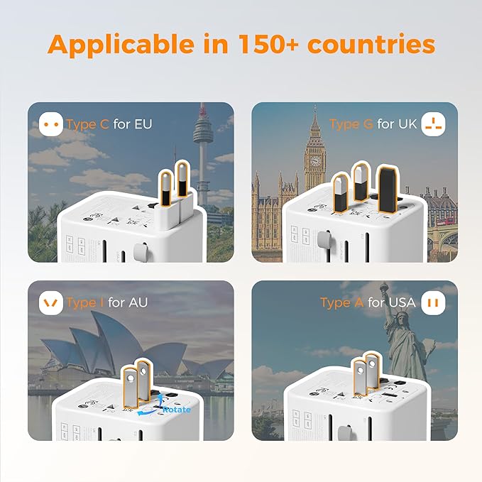 TESSAN Universal Travel Adapter, International Power Adapter with 2 USB C 2 USB A Ports, Travel Plug Adaptor Worldwide for US to Europe UK Italy Ireland Australia France Germany(Type C G A I)