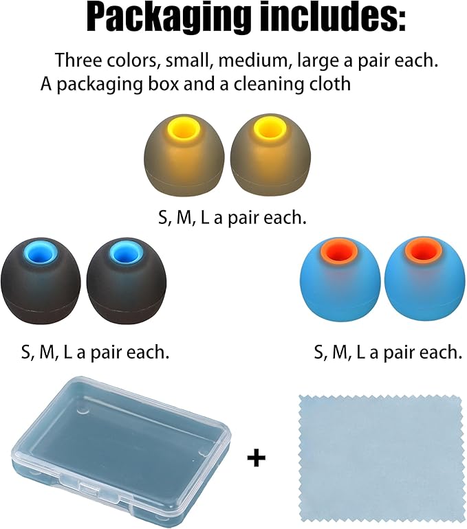 Silicone Earbud Tips - S M L, Fit Most In-Ear Earbuds (Inner Hole 3.8mm - 5.1mm), 9 Pairs
