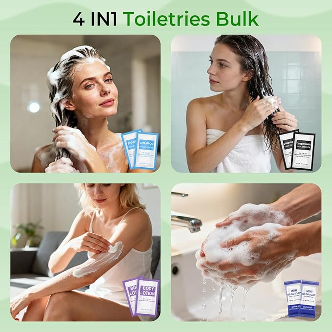 4 Sets 4-IN-1 Hotel Toiletries Bulk Set,20 Pcs 0.35 oz each Packets Shampoo,Conditioner, Body Wash and Lotion Mini Travel Size Toiletries Supplies kit for Guests,Homeless,Motel