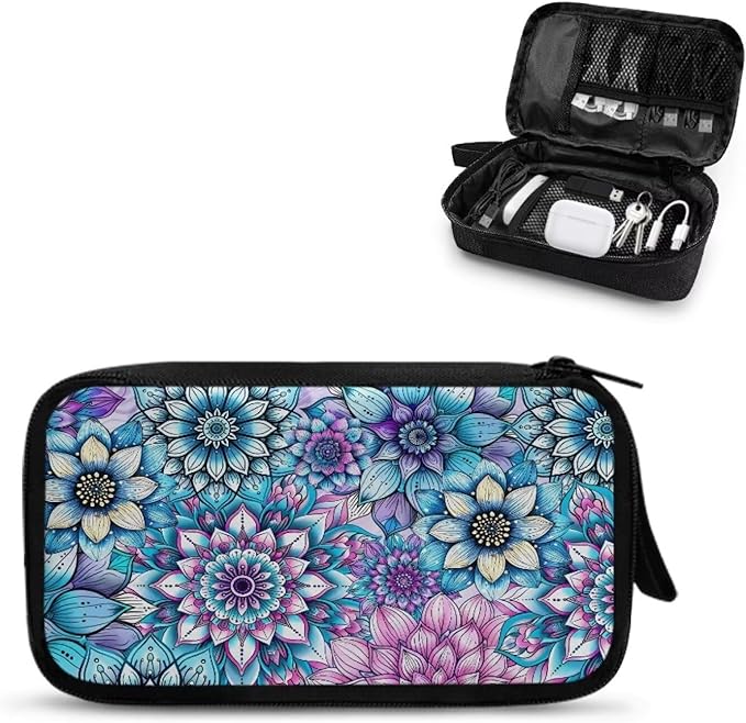 Purple Boho Flower Print Large Electronics Organizer, Travel Cord Organizer, Cable Storage Bag, Tech Accessories Case