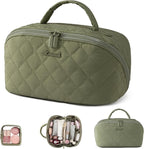 LOVEVOOK Travel Makeup Bag for Women, 2Pcs Puffer Waterproof Cosmetic Organizer, Large Capacity Pouch Open Flat Small Toiletry Bag with Brush Compartment & Handle (Green, Medium)