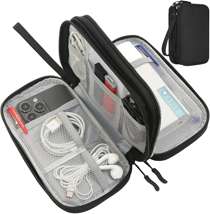 CAAORDKSO Electronics Organizer Travel Case, Charger Cord Organizer Case Tech Pouch Bag, Travel Essentials for Men Women Accessories, Cable, Cord, Charger, Phone, Power Bank, Earphone (Black, Large)