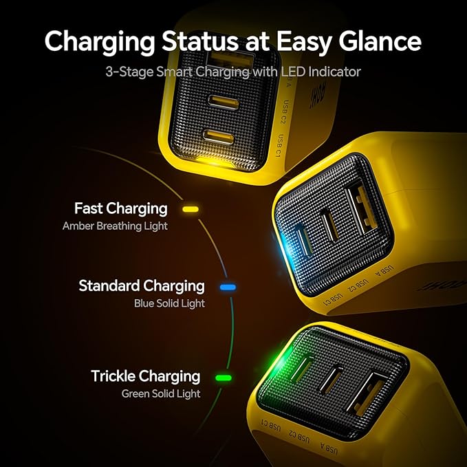 AOHI Youth 65W GaN+ USB C Charger Block, 3-Port PPS Type C Compact Foldable Laptop Fast Wall Charger for MacBook Pro/Air, iPad Pro, iPhone 17/16 Pro Max, Galaxy S24, Pixel, Steam Deck and More, Yellow