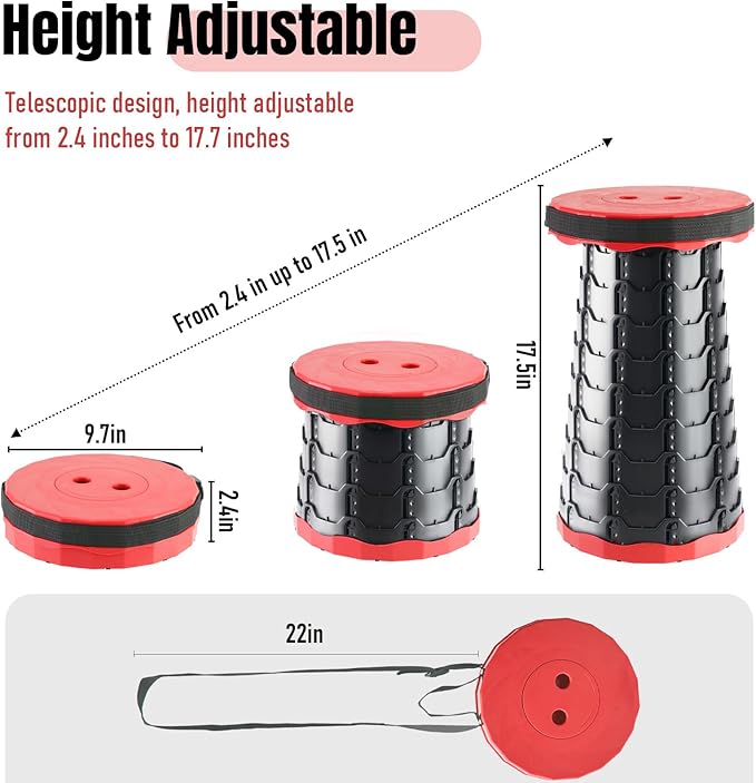 Doseno Upgraded Foldable Stool Thickened, Portable Collapsible Stool Retractable Stool for Fishing, Hiking Tours, BBQ, Parties, Outdoor Activities (Red, 1pack)