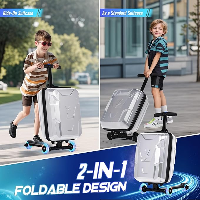 smilesun Scooter Suitcase for Kids & Adults, Foldable Carry On Travel Luggage, Hardside Ride on Scooter Suitcase with Spinner Wheels，Silver