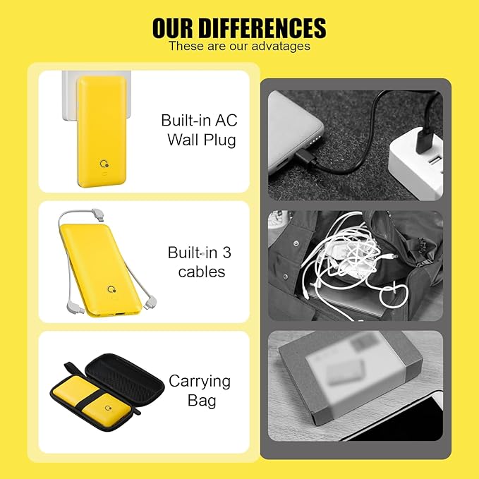 Q Portable Charger with Built-in Cables and AC Wall Plug, USB C External Battery Pack, 10000mAh Travel Essentials Power Bank Compatible with iPhone 16/15/14/13, Samsung Galaxy, Pixel,Tablet and More