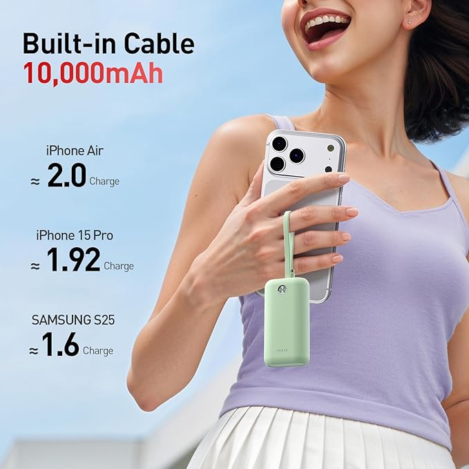 iWALK Mini Portable Charger 10,000mAh, 22.5W USB-C Fast Charging Power Bank with Built-in Cable, Travel Essential Ultra-Small Battery Pack Compatible for iPhone 17/16/16 Pro/15, Samsung, Google, Green