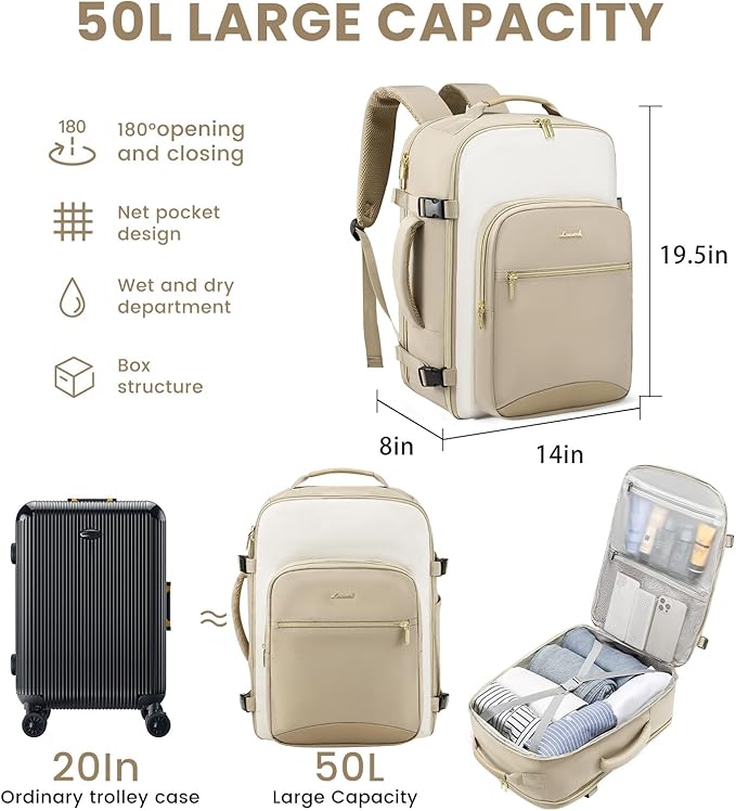 LOVEVOOK 50L Travel Backpack for Women & Men, Airline Approved Carry On Luggage with 3 Packing Cubes, TSA Overnight Bags, Waterproof Personal Item Bag, Weekender Essentials Backpacks fits 17" Laptop