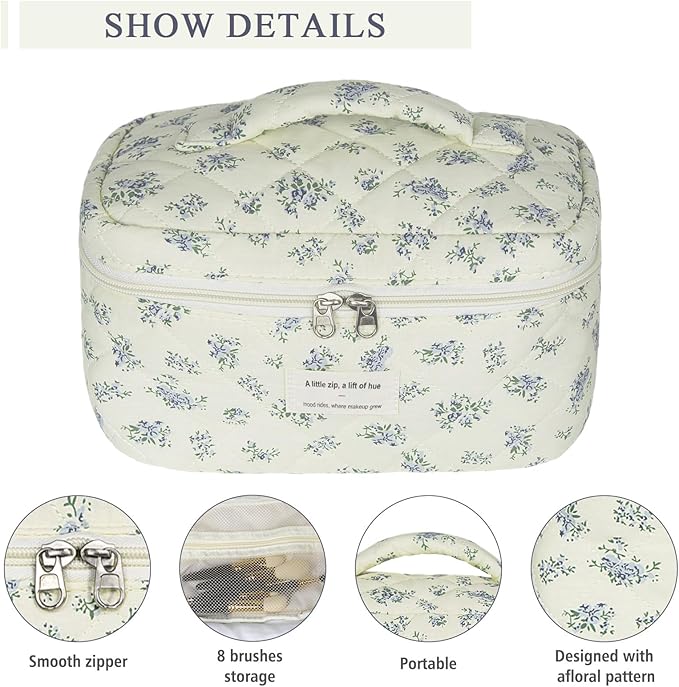 Gosect Large Travel Quilted Makeup Bag for Women,Big Floral Cotton Cosmetic Bag, Cute Coquette Aesthetic Floral Toiletry Organizer Bag (Blue Flower)