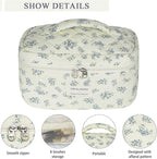 Gosect Large Travel Quilted Makeup Bag for Women,Big Floral Cotton Cosmetic Bag, Cute Coquette Aesthetic Floral Toiletry Organizer Bag (Blue Flower)