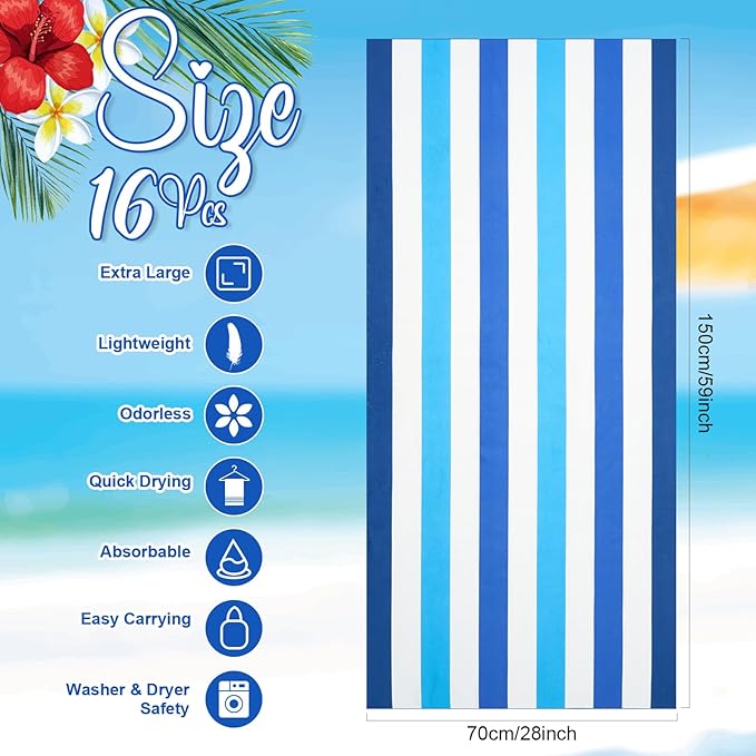 Redbaker 16 Packs 59 x 28 inches Oversized Vertical Stripe Beach Towel Bulk Extra Large Pool Towels Set Microfiber Quick Dry Swim Towel Blanket for Women Men Adult Bath Travel(Gradient Color)