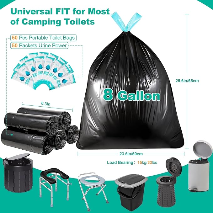 Portable Toilet Bags with Poo Gel Set, 8 Gallon Camping Toilet Bags with Absorbent Gels, Waste Bags, Leak-Proof Trash Bag for Camping Potty, Traveling