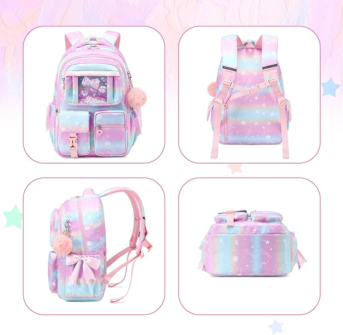 PIG PIG GIRL Kids Backpack for Girls - School Bags for Middle School Students - Book Bag for Elementary Primary - Kawaii Ita Backpack - Pink Planet