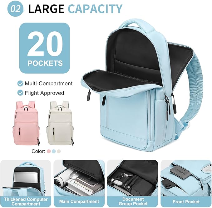 Waterproof Laptop Backpack for Men & Women, Flight Approved Anti-Theft Daypack with 15.6-inch Laptop Sleeve (Light Blue)