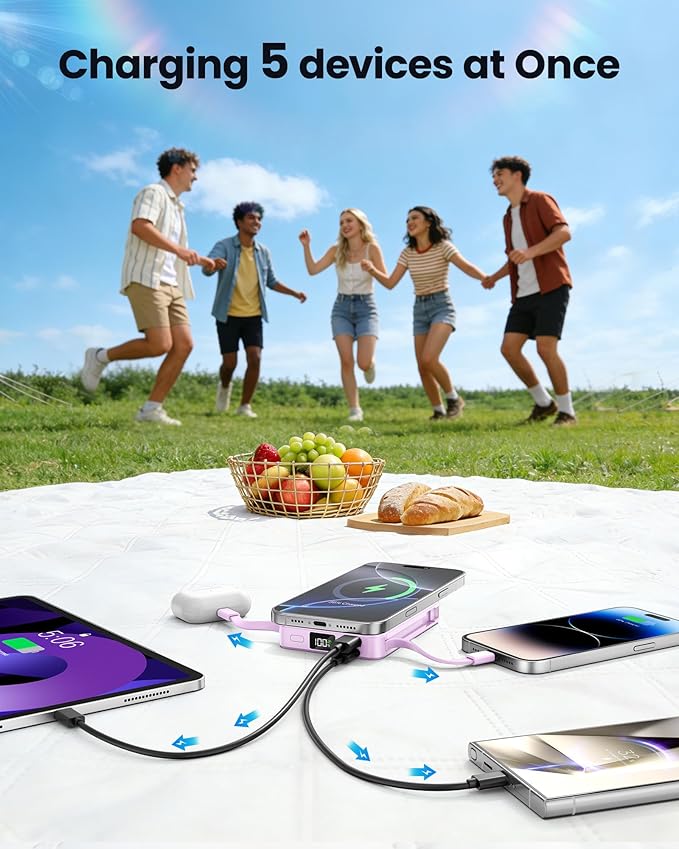 Magnetic Portable Charger, 22.5W Power Bank Fast Charging 10000mAh, Portable Charger with Built in Cable, for Magsafe Battery Pack Compatible with iPhone 17/16/15/14/13/12 Pro/Pro Max Purple