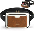RAINSMORE Fanny Packs for Women, Leather Belt Bag Waterproof Everywhere Crossbody Waist Pack with Adjustable Strap Retro Sling Chest Bag for Work Running Travel Party, Black and Brown with White