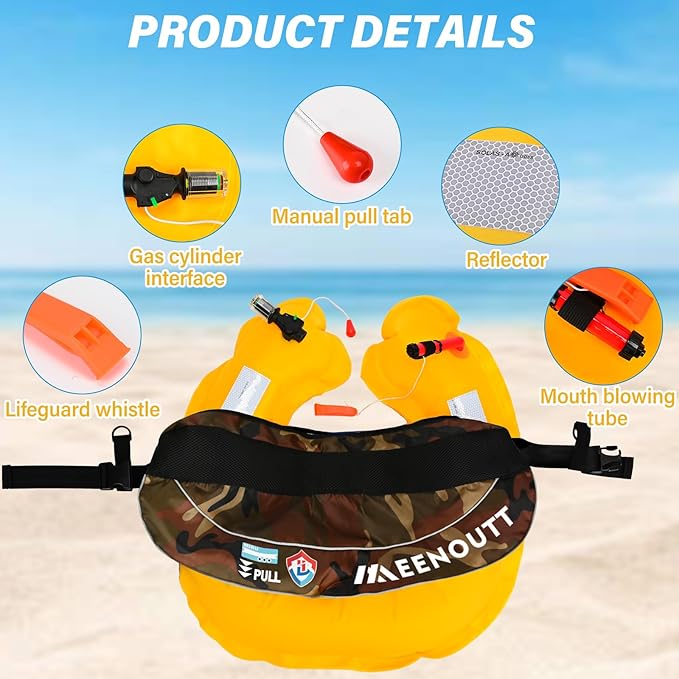 Automatic Inflatable Belt Pack Water Sports Jacket Waist Belt PFD for SUP Paddleboarding Fishing Boating Kayaking（fit 80-330 lbs） (Green camouflage)