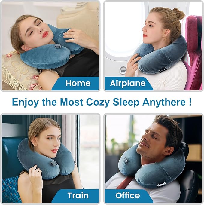 Keemall Inflatable Travel Neck Pillow for Airplane Sleeping Blow Up Neck Support Air Pillow Traveling on Plane Long Flights Washable