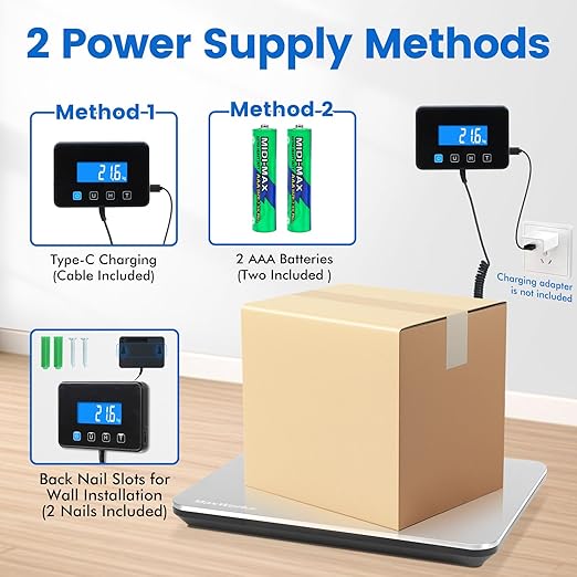 MaxWorks Digital Platform Scale 440 lb Capacity Stainless Steel Shipping Scale USB-C Rechargeable with LCD Display for Packages Luggage & Warehouse Use 51076