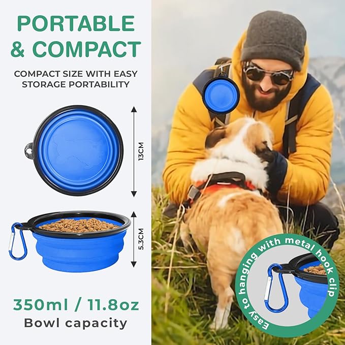 Collapsible Dog Bowls for Travel, Portable Dog Water Bowl & Food Bowl for Dogs and Cats, Foldable Pet Feeding Dish for Walking Hiking Camping with Carabiner, BPA Free, Blue
