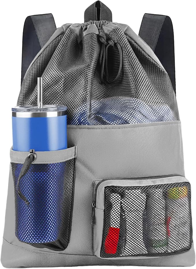 HOHOM Swim Mesh Beach Bag, Waterproof Gym Bags for Women and Men, Large Pool Bag Swimming Gear Drawstring Backpack