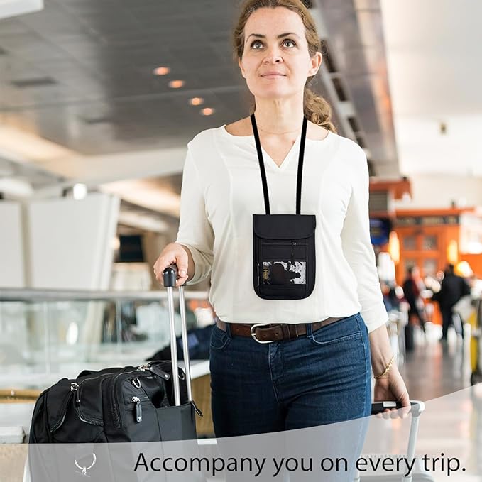 RFID Blocking Travel Neck Wallet Pouch and Passport Holder, Travel Neck Pouch Passport Holder for Women & Men - Black