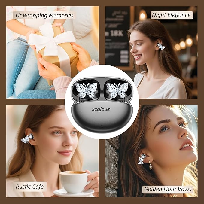 Jewelry-Inspired Clip On Earbuds,Comfortable Fit Open Ear Clip-On Headphones,Wireless Bluetooth Ear Cuff Headphones for Women,Earrings Earbuds for Running,Office,Sport&Gift (Butterfly - Black)