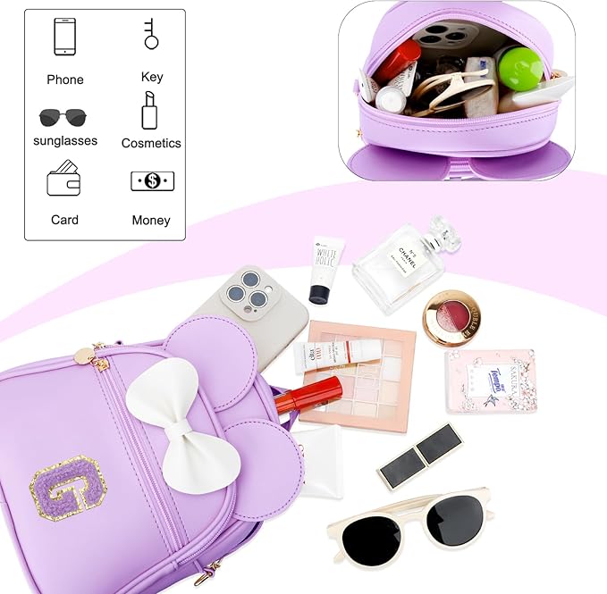 KKXIU Girls Initial Bowknot Cute Mini Backpack for Toddler, Travel Small Girl Backpacks, Personalized Birthday Gifts for Little Girls and Kids(G, Purple)
