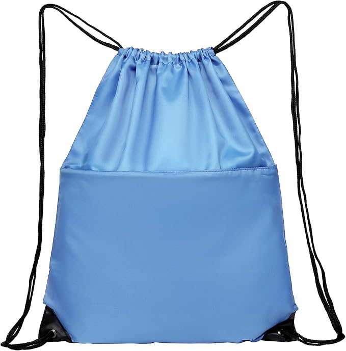 Drawstring Backpack Sports Water Resistant String Bag Sport Gym Sackpack for Women Men Large with Zipper, Baby Blue