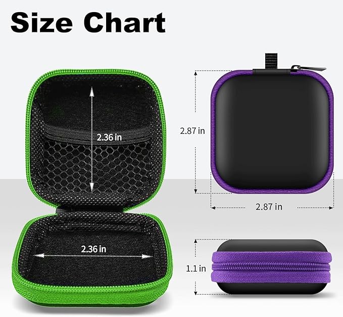 2Pack Square Earbud Case Portable EVA Carrying Case Storage Bag Cell Phone Accessories Organizer with Carabiner for Earphone, Earbud, Earpieces, SD Memory Card, Camera Chips-Purple/Green