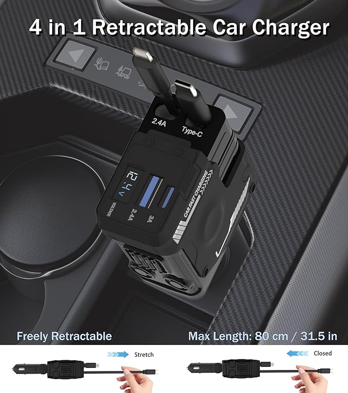 Retractable Car Charger, 4 in 1 Retractable Phone Charger with 66W Fast Charging, 2 Retractable Cables and 2 USB-C USB-A Port Compatible with iPhone 16/15/14/13/12/11,Samsung, Galaxy,Pixel (Black)