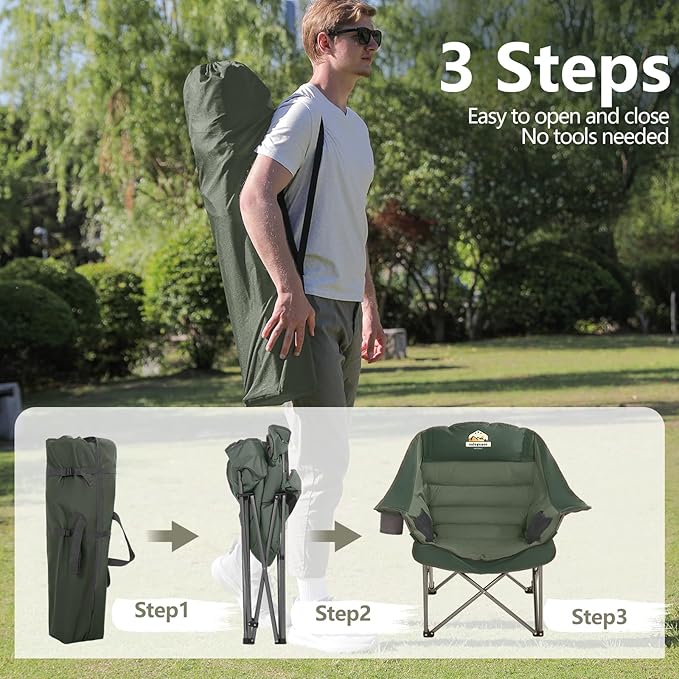 Colegence Oversized XL Padded Camping Chair Set of 2 Wide Heavy Duty Lawn Chairs Support 450 LBS Portable Folding Gaint Plus Camp Chair for Outdoor Outside Sports Baseball Soccer-Green