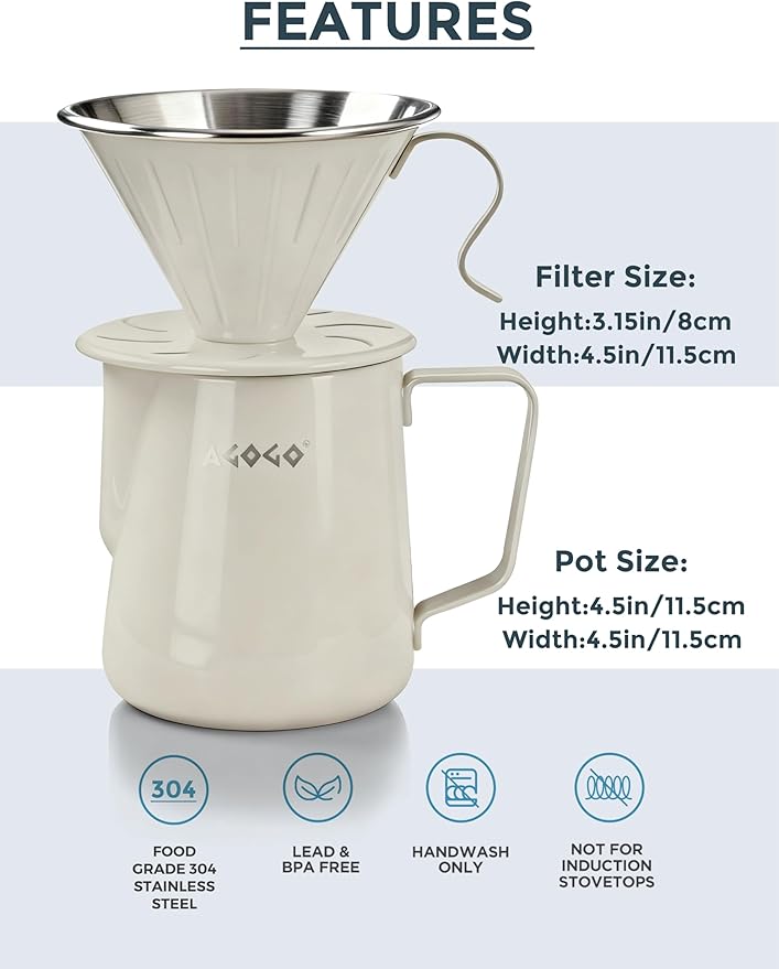 AGOGO Pour Over Coffee Maker Set - Unbreakable 304 Stainless Steel V60 Dripper & Server for Camping & Home, Includes 50 Paper Filters & Barista Towel - Cream White - 20oz