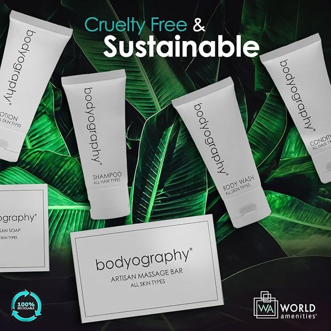 World Amenities - Bodyography Blanc Mini Travel Size Toiletries Bathroom Kit | Vanilla White Tea| Shampoo, Conditioner, Body Wash, Lotion, Artisan Soap and Massage Bar