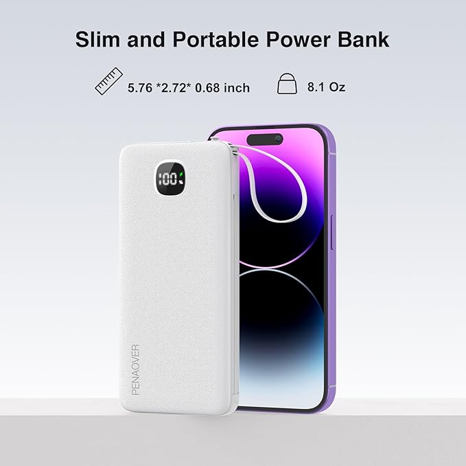 penaover Portable Charger with Built-in Cables&AC Wall Plug,Slim 10000mAh 22.5W Fast Charging Power Bank,5 Output 2 Input USB-C External Battery Pack Compatible with iPhones,Samsung,Android, etc