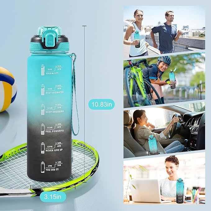 Water Bottle with Straw 1L,Boys Water Bottles with Straw 1 Litre,Waterbottle Leak-Proof Sports Water Bottle,Plastic Drinks Bottles Toxin Free，Bpa-Free (Cyan Black)