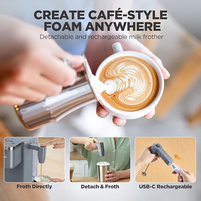 Tastyle Single Serve Coffee Maker with Built-in Detachable Milk Frother, Iced and Hot Coffee Machine for K Cup & Grounds, 40oz Removable Water Reservoir, 6 Cup Sizes, Fits 7.3" Travel Mug, Gray