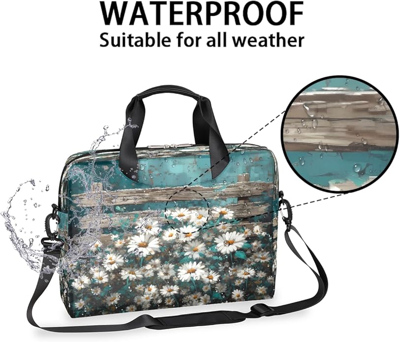 Vintage Daisy Wooden Board Laptop Bag 16 Inch, Slim Business Briefcase for Men Women, Shoulder Bag with Handle & Detachable Strap, Work Office Computer Messenger Bag