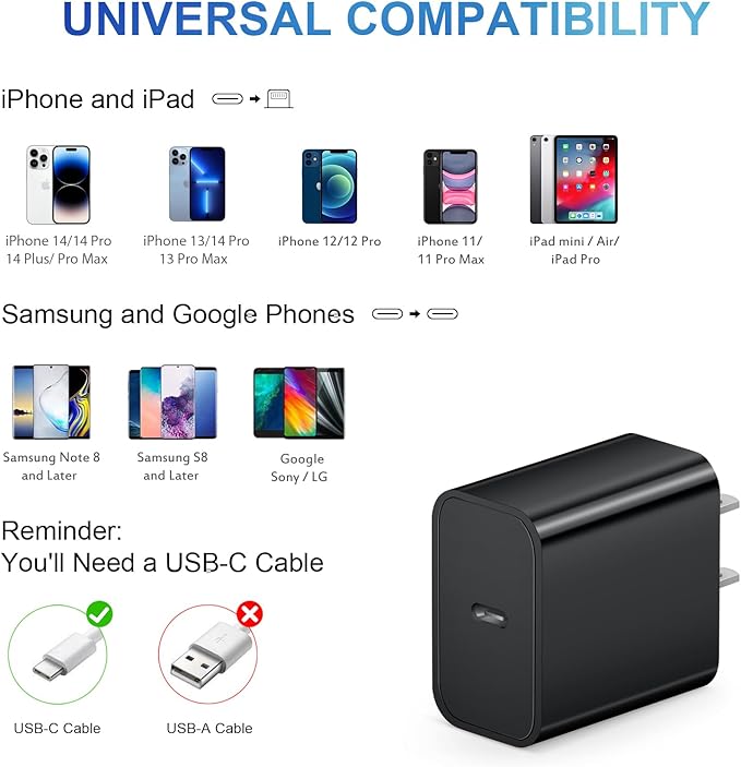 iPhone Charger Fast Charging USB C Charger Block Type C Charge iPad with 6FT C Chargers Cord Compatible with iPhone14/14 Pro Max/13/13Pro/12/12 Pro/11,iPad(Black)