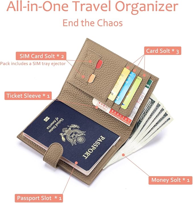 RFID Passport Holder for Women – Slim Leather Travel Wallet with Card Slots, Zipper Coin Pocket & Cash Organizer, Elegant Passport Case Gift for Travel (Apricot Beige)