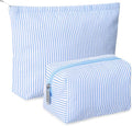 Huhumy 2 Pcs Makeup Bag Set Cute Cosmetic Pouch for Women Seersucker Travel Toiletry Bag Preppy Small Makeup Purse Pouch Aesthetic Skincare Brushes Storage Organizer for Valentine Women(Blue)